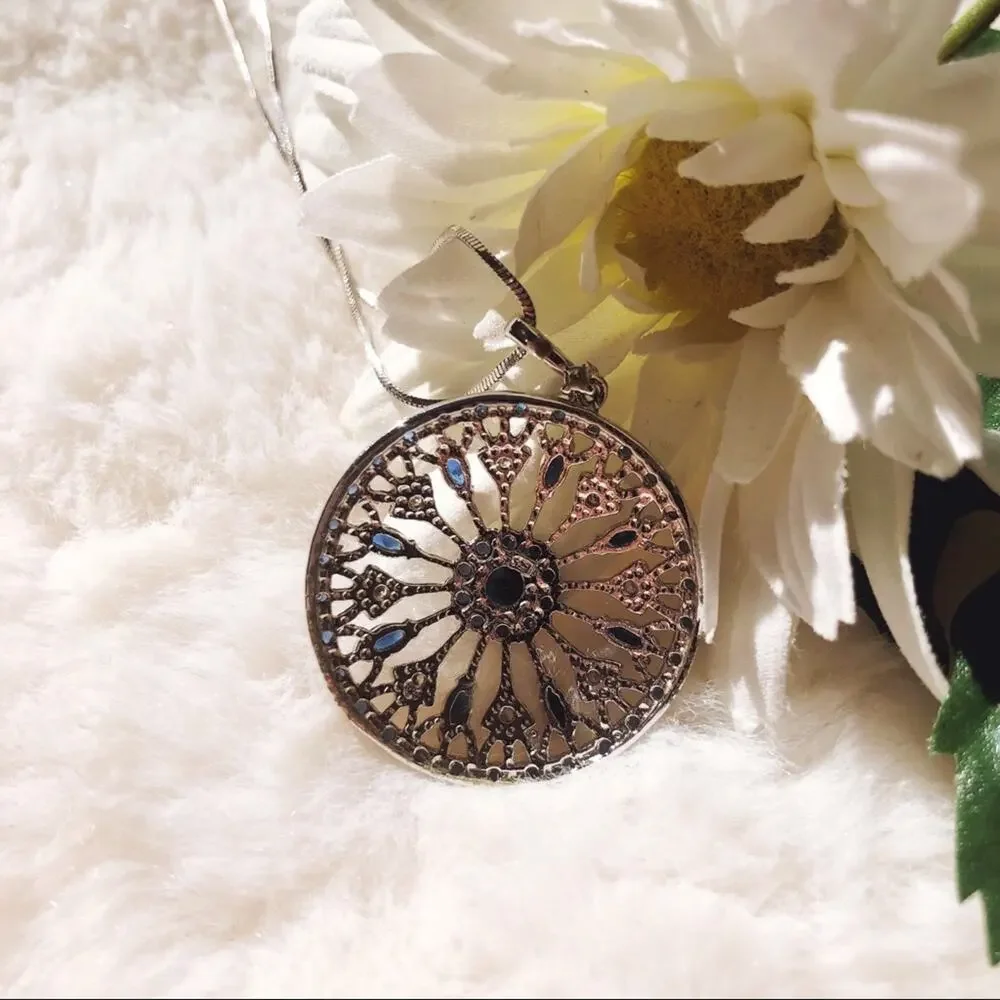 Blue and Silver Circle Flower Outline Necklace - Picture 8 of 11
